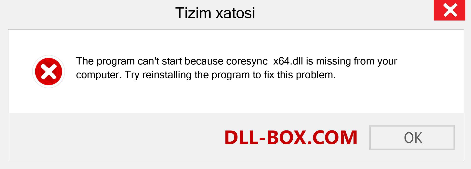 coresync_x64.dll fayli yo'qolganmi?. Windows 7, 8, 10 uchun yuklab olish - Windowsda coresync_x64 dll etishmayotgan xatoni tuzating, rasmlar, rasmlar